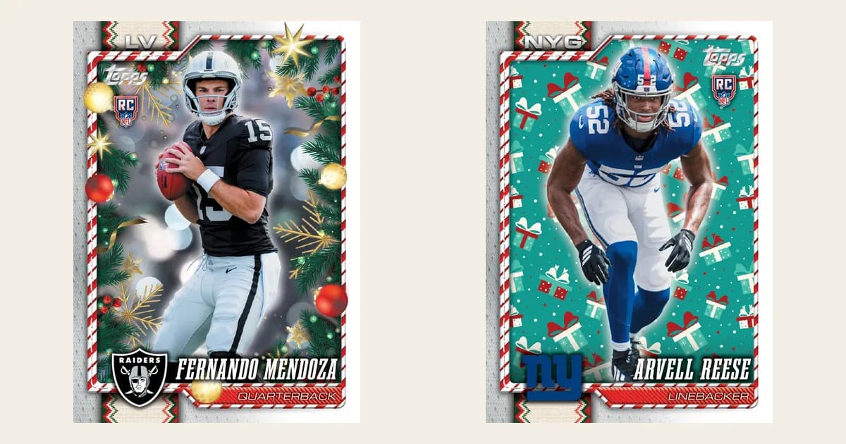 Two 2026 Topps Holiday Football rookie cards, Fernando Mendoza of the Raiders and Arvell Reese of the Giants, in holiday frames