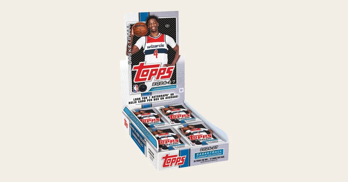 2026-27 Topps Flagship Basketball hobby box with a Washington Wizards player on the lid and the line look for 1 autograph or relic card per box on average