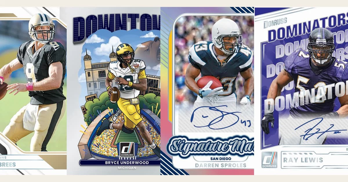 Four Donruss sample cards from Panini: Drew Brees base, Bryce Underwood Downtown, Darren Sproles Signature Marks and Ray Lewis Dominators autograph
