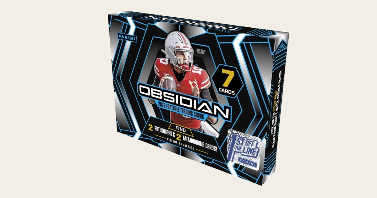 2026 Panini Obsidian Football First Off the Line hobby box with Julian Sayin in an Ohio State uniform and a 7 cards badge