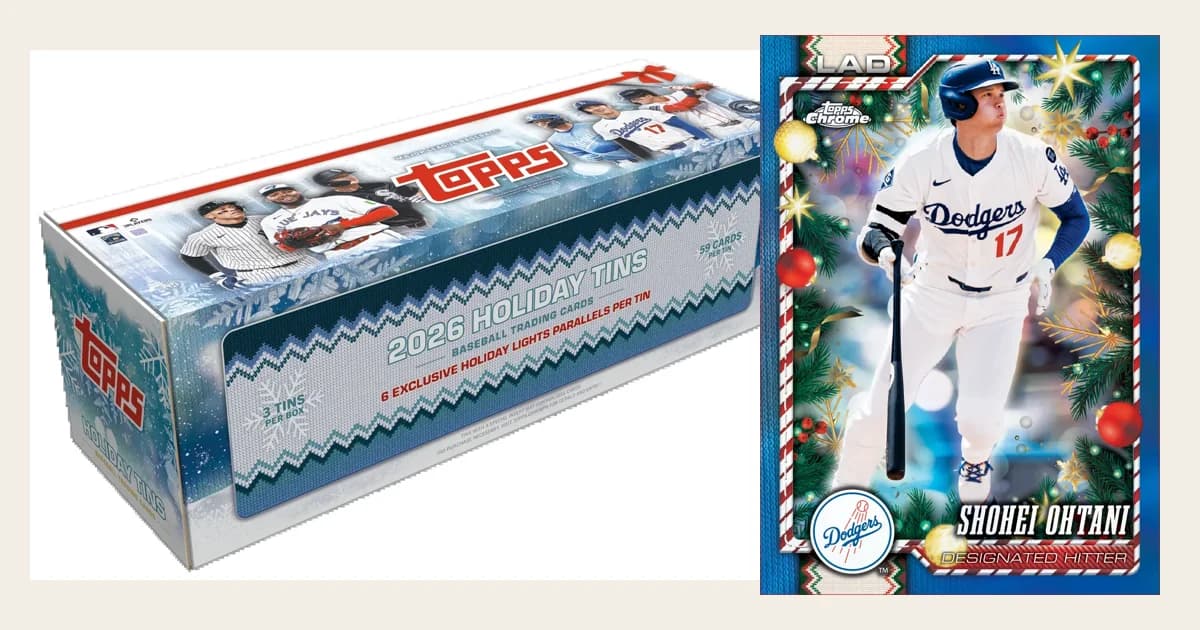 A 2026 Topps Holiday Tins box of three tins next to a Topps Chrome Holiday card of Shohei Ohtani