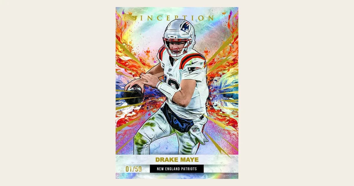2026 Topps Inception Football Gold Electricity parallel of Drake Maye, New England Patriots, serial numbered 01/50