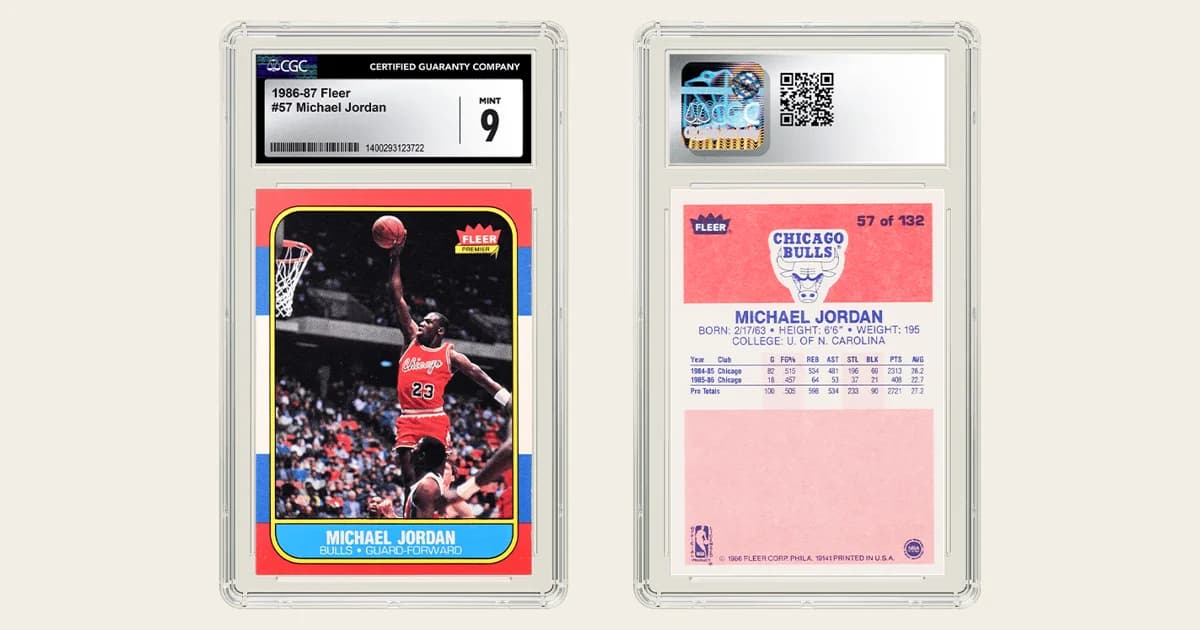 Front and back of a CGC slab holding a 1986-87 Fleer Michael Jordan card graded Mint 9