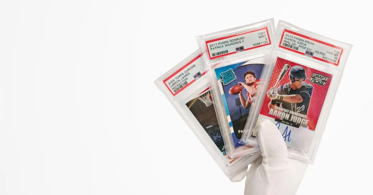 White-gloved hand fanning three PSA slabs, including a 2017 Panini Donruss Patrick Mahomes II graded Mint 9 and a 2013 Panini Prizm Aaron Judge autograph