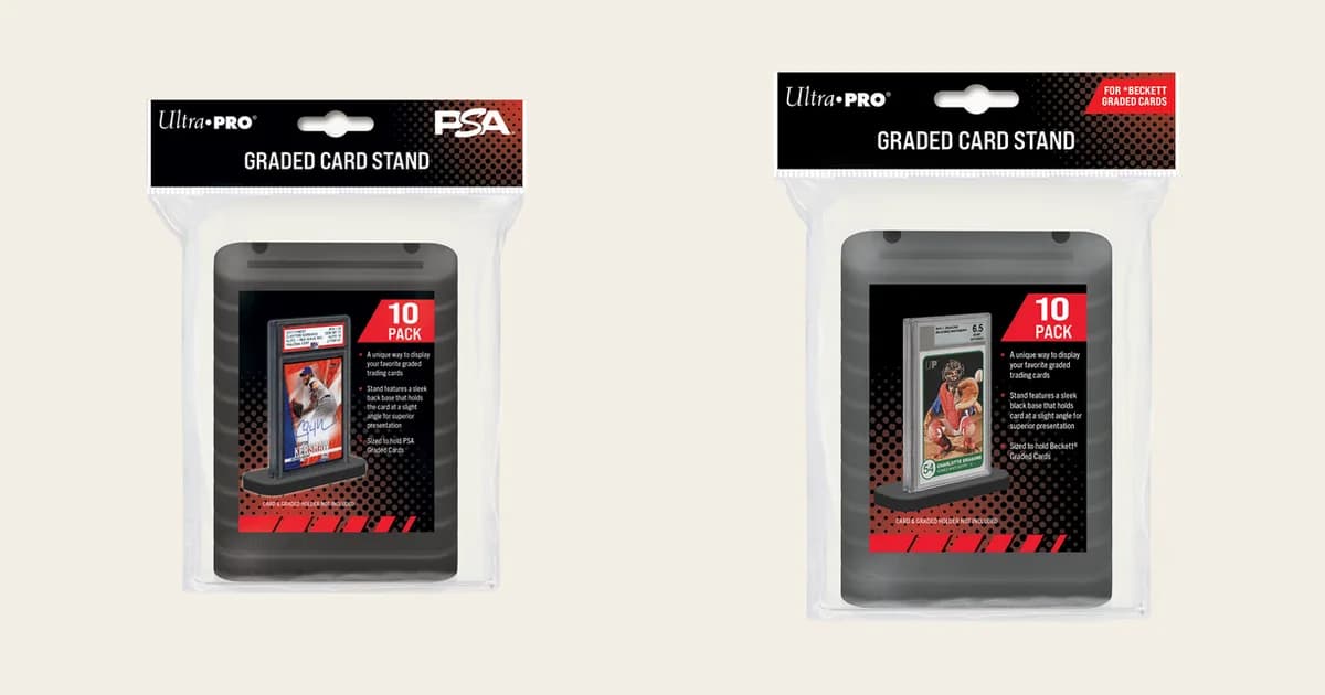 Two Ultra PRO graded card stand 10 packs side by side, one sized for PSA slabs and one for Beckett slabs, each showing a slab on a black base
