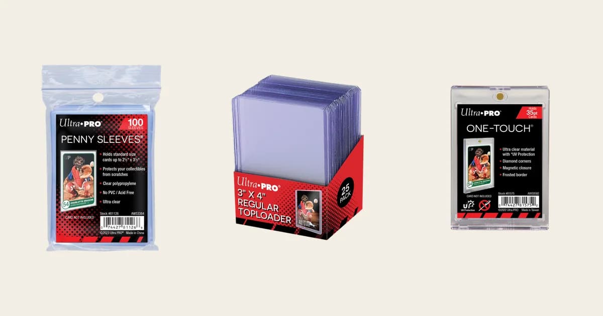 Ultra PRO penny sleeves pack, a box of 3 by 4 inch regular toploaders and a 35pt ONE-TOUCH magnetic holder side by side