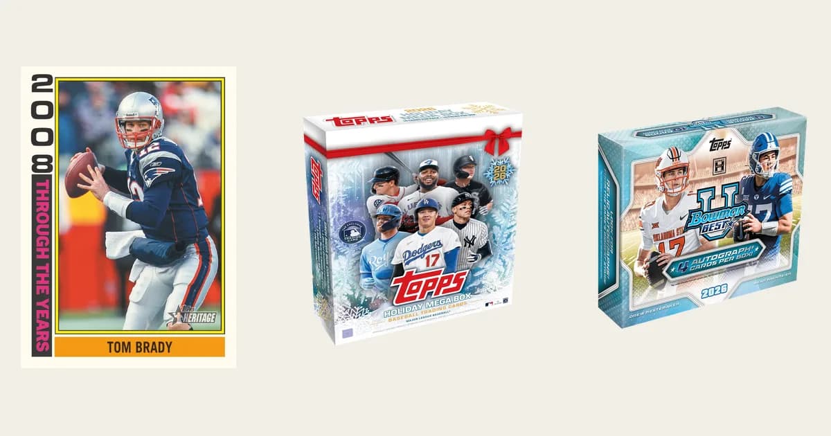 A 2026 Topps Heritage Tom Brady card, a 2026 Topps Holiday Baseball mega box and a 2026 Bowman U Best Football hobby box
