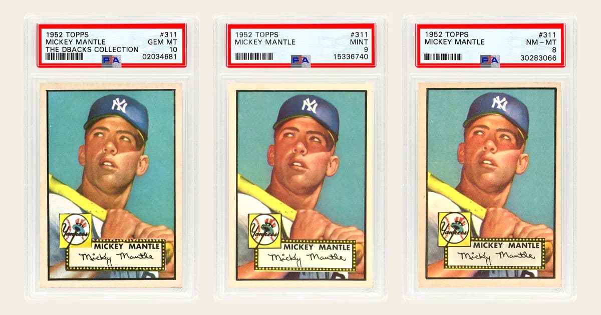 Three PSA slabs of a 1952 Topps Mickey Mantle #311 labelled Gem MT 10, Mint 9 and NM-MT 8 side by side