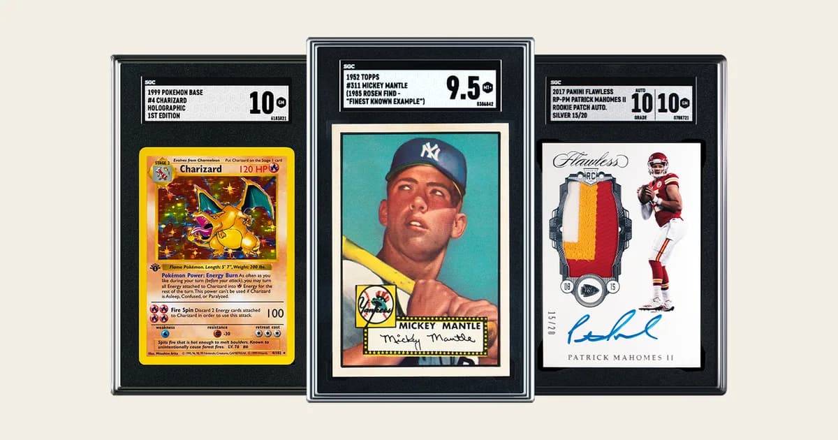 Three cards in black SGC slabs, a Charizard SGC 10, a 1952 Topps Mickey Mantle SGC 9.5 and a Mahomes patch auto SGC 10
