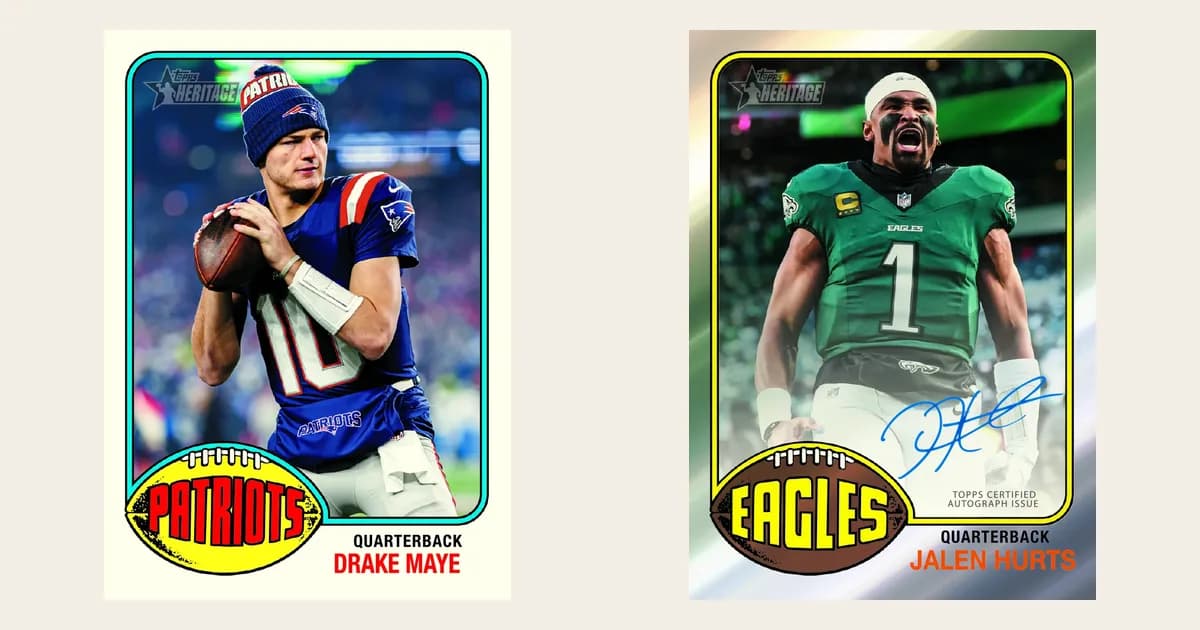 Two 2026 Topps Heritage Football cards, Drake Maye in a Patriots uniform and a Jalen Hurts autograph card, side by side