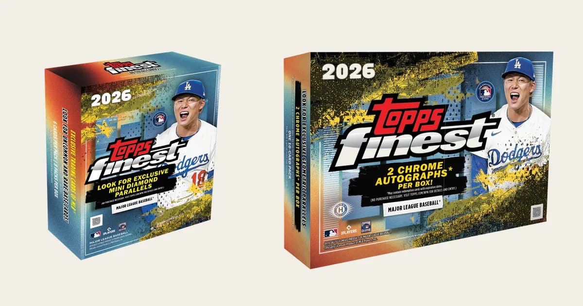 A 2026 Topps Finest Baseball mega box with Mini Diamond parallels and a Finest box promising two Chrome autographs, side by side