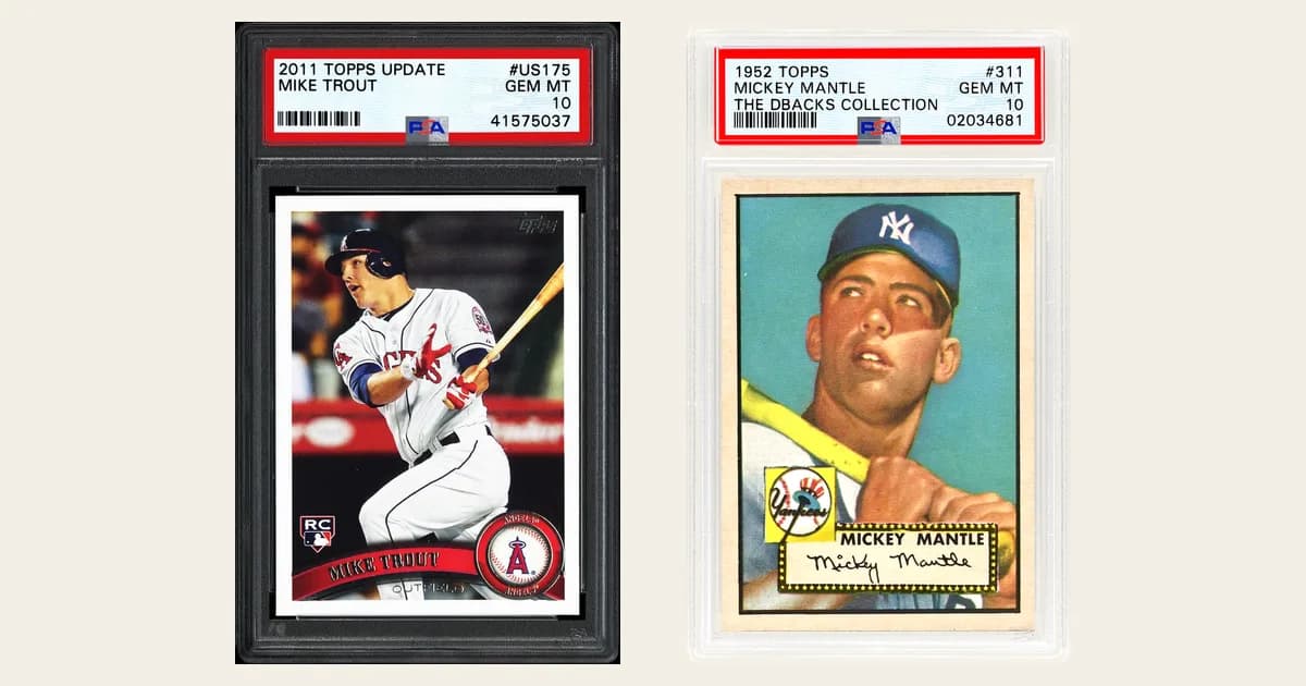 Two PSA slabs graded Gem Mint 10, a 2011 Topps Update Mike Trout #US175 and a 1952 Topps Mickey Mantle #311