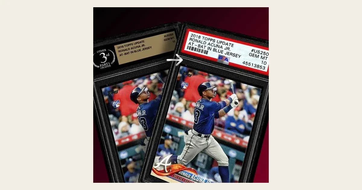 PSA graphic of a 2018 Topps Update Ronald Acuna Jr. card in another grader's gold label slab with an arrow to the same card in a PSA slab