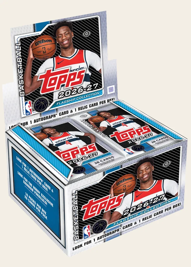 2026-27 Topps Flagship Basketball hobby jumbo box, 10 packs of 28 cards, printed look for 1 autograph card and 1 relic card per box