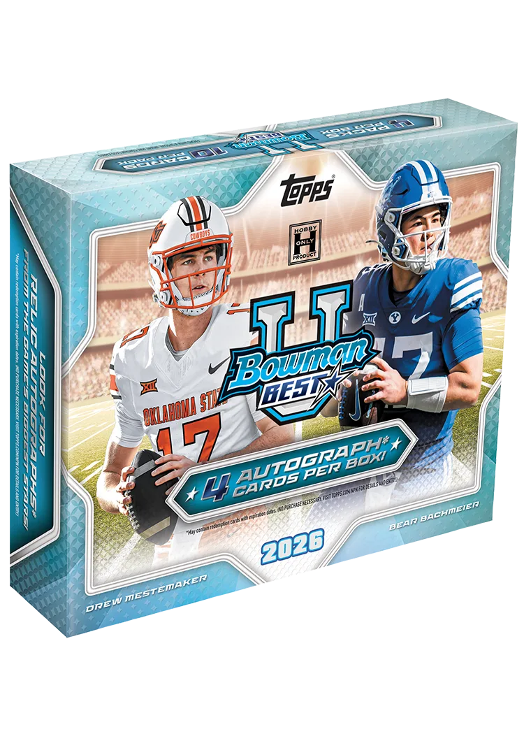 2026 Bowman U Best Football hobby box showing Drew Mestemaker and Bear Bachmeier, labelled hobby only with four autograph cards per box