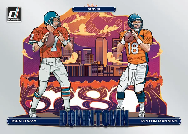 Horizontal Downtown card of John Elway and Peyton Manning in orange jerseys in front of an illustrated Denver skyline