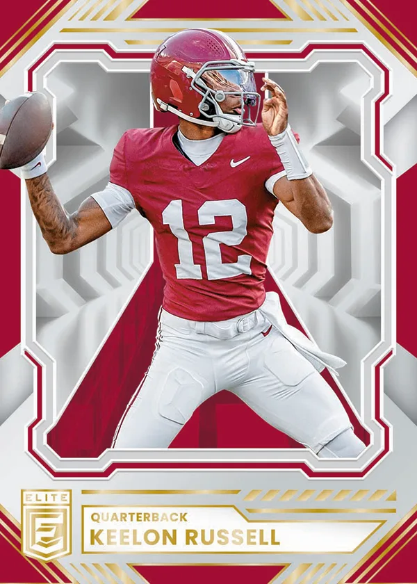 Elite card of quarterback Keelon Russell in a red number 12 jersey, throwing, on a red and white patterned background