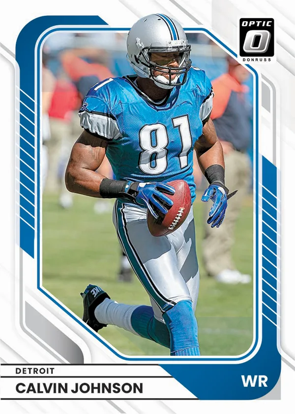 Optic Donruss base card of Calvin Johnson in a Detroit uniform, number 81, with a blue frame and WR label