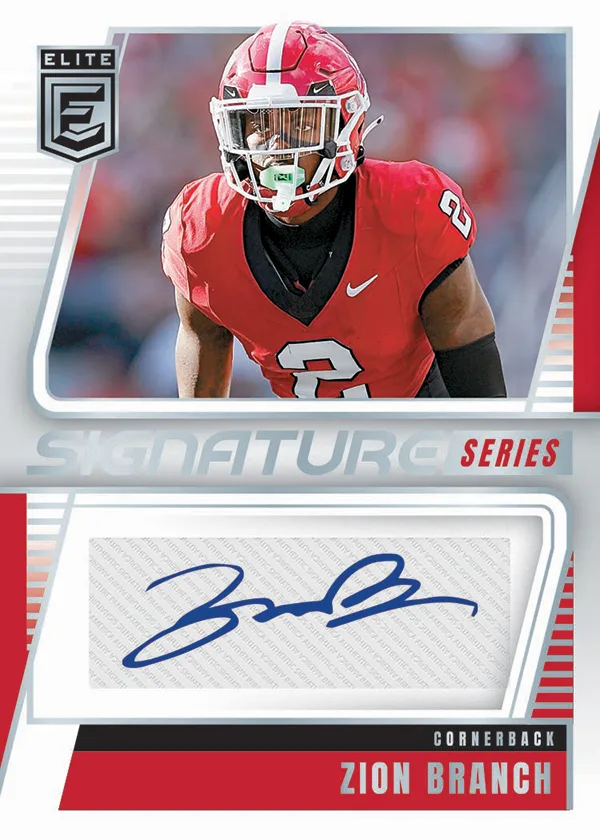 Signed Elite Signature Series card of cornerback Zion Branch in a red helmet and jersey, with a blue signature