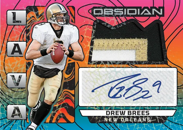 Lava jersey autograph card of Drew Brees with a gold patch window and blue signature on a pink, orange and teal background