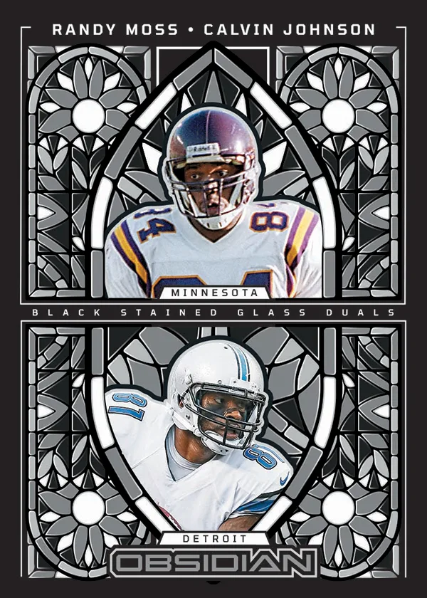 Black Stained Glass Duals card with Randy Moss above Calvin Johnson in a grey stained-glass window design