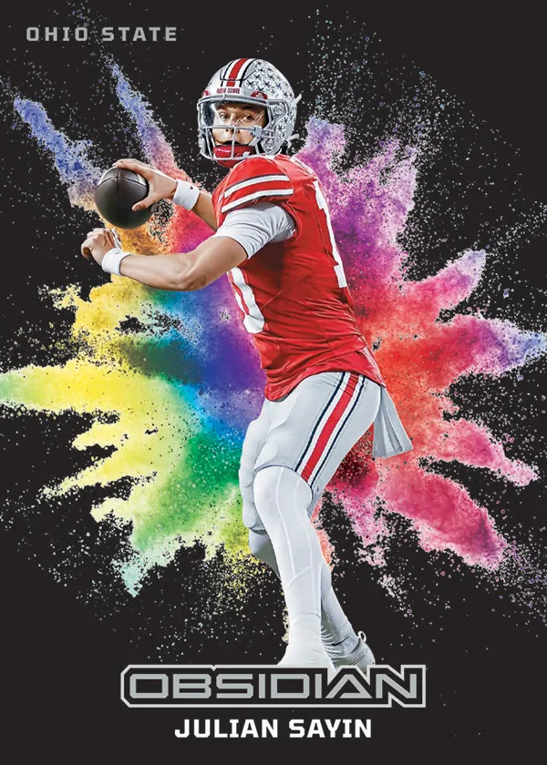 Black Color Blast case hit card of Julian Sayin in a red Ohio State jersey, passing in front of a rainbow powder burst on black
