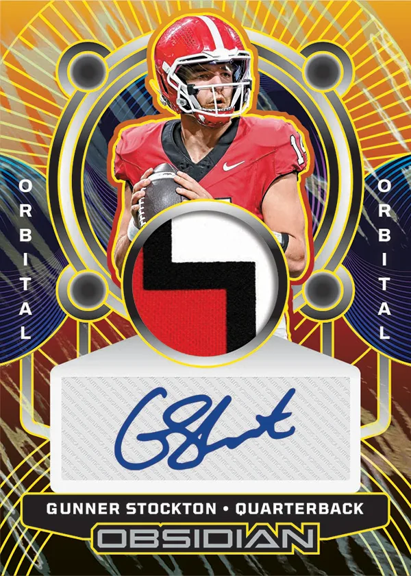 Orbital jersey autograph card of Gunner Stockton in a red Georgia helmet, with a red, black and white patch and blue signature