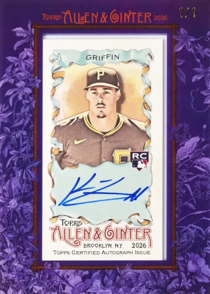 Konnor Griffin 2026 Allen and Ginter mini autograph in a purple frame with a blue on-card signature and an RC tag