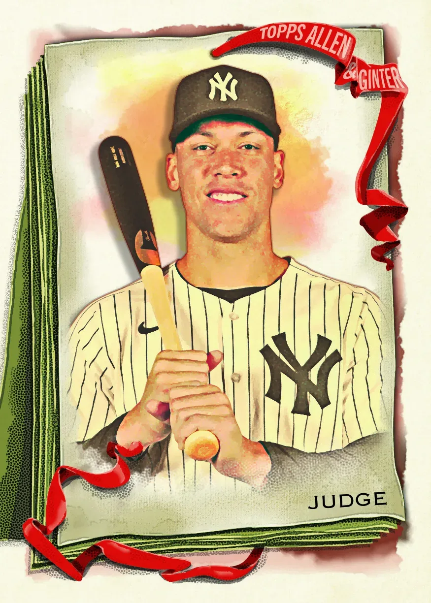Aaron Judge 2026 Allen and Ginter base card in pinstripes with a bat on his shoulder and a red ribbon border