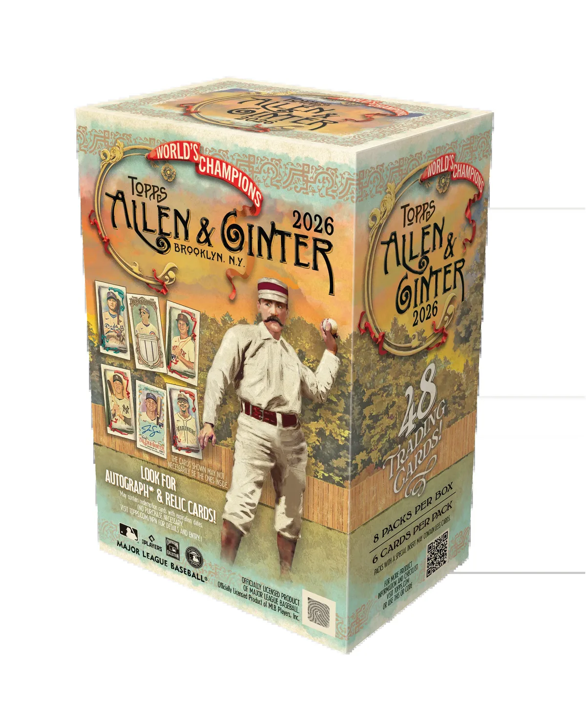 2026 Allen and Ginter value box with a vintage ballplayer on the front and 48 trading cards printed on the side