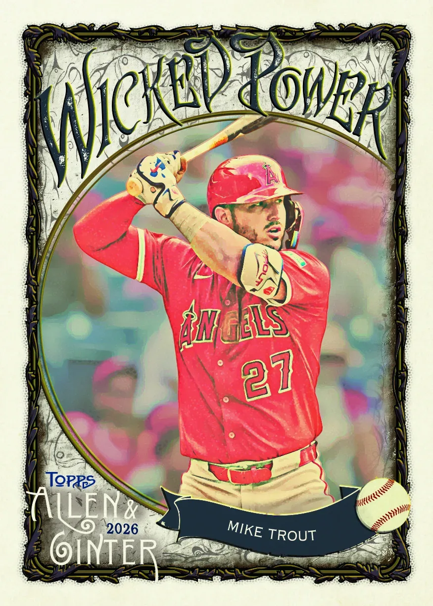 Mike Trout 2026 Wicked Power insert in a black haunted-house frame with the Allen and Ginter 2026 logo