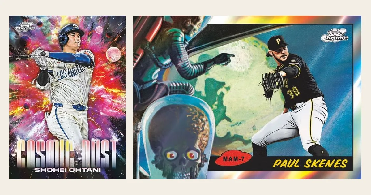 Cosmic Dust insert of Shohei Ohtani next to a Mars Attacks MLB insert of Paul Skenes