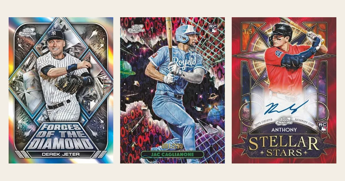 Three Cosmic Chrome base parallels from the Topps page: a Derek Jeter Forces of the Diamond card, a Jac Caglianone magenta refractor and a red autograph