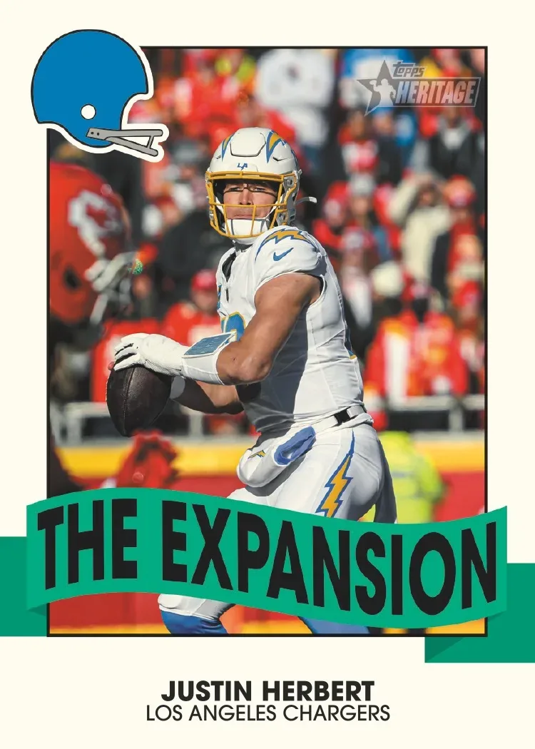 Justin Herbert The Expansion insert with a blue helmet icon and a green banner, dropping back to pass in a white Chargers uniform
