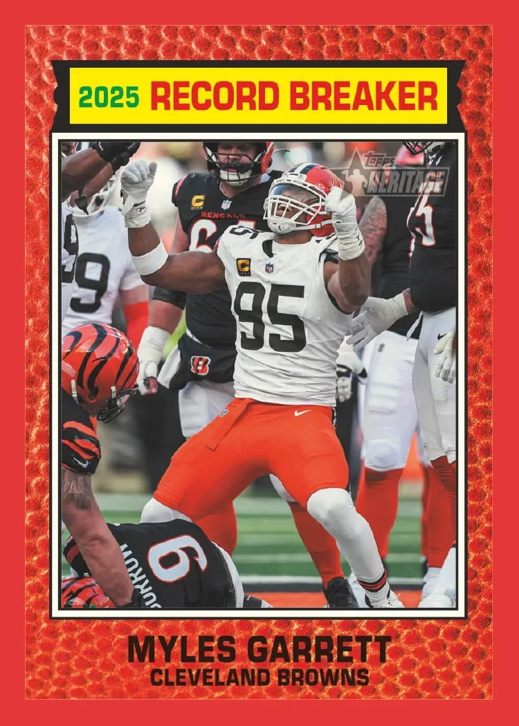 Myles Garrett 2025 Record Breaker card with a red football-texture border, celebrating in a white Browns jersey