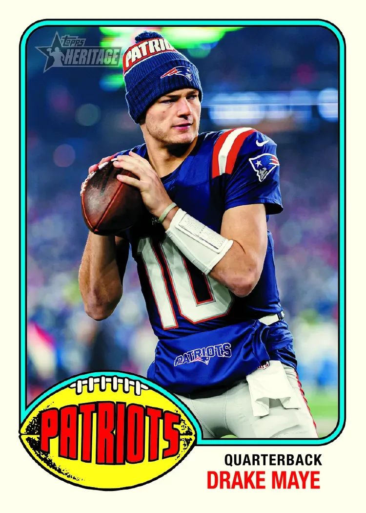 Drake Maye card in the 1976-style design with a yellow football-shaped Patriots nameplate and a teal border