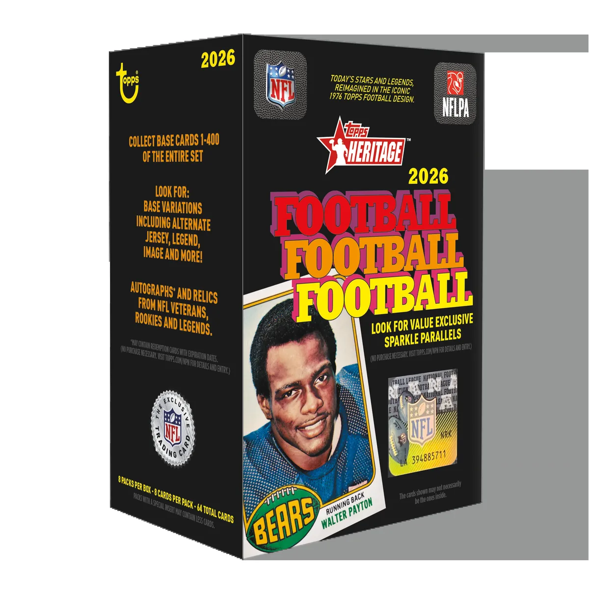 2026 Heritage Football value box with a Walter Payton card on the front and 8 packs, 64 total cards printed on the side