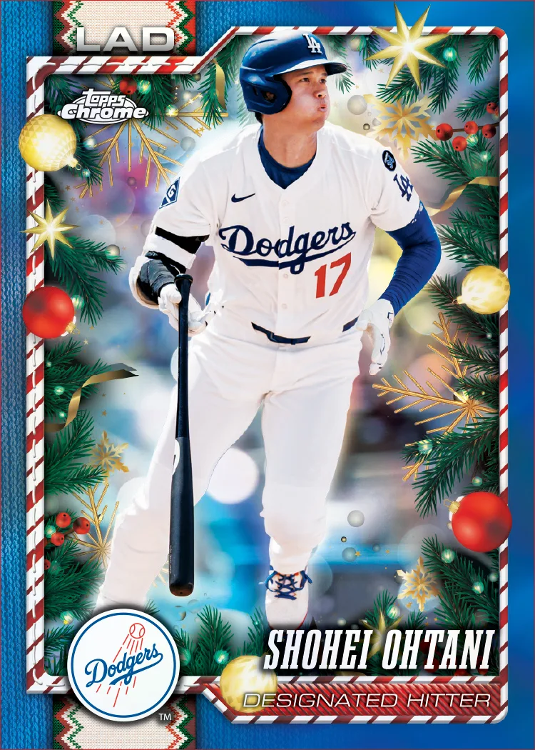 Topps Chrome Holiday card of Shohei Ohtani in a Dodgers uniform, framed by pine branches, ornaments and a candy-cane border