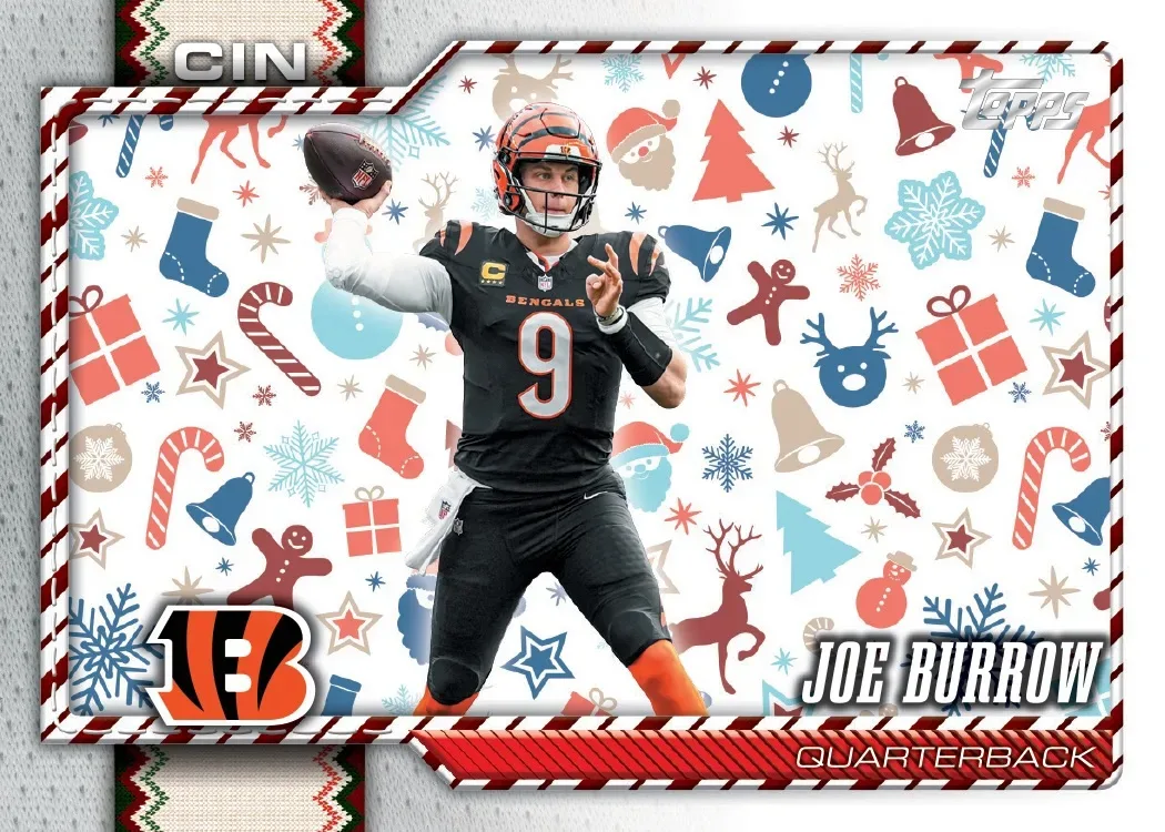 2026 Topps Holiday Football Joe Burrow Bengals Holiday Spirit Variation with a white background full of holiday icons