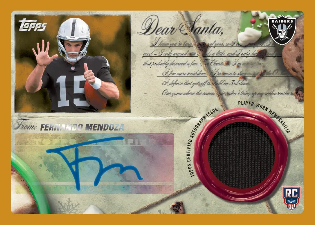 2026 Topps Holiday Football Dear Santa card for Fernando Mendoza with a letter design, blue signature and a red wax-seal memorabilia window
