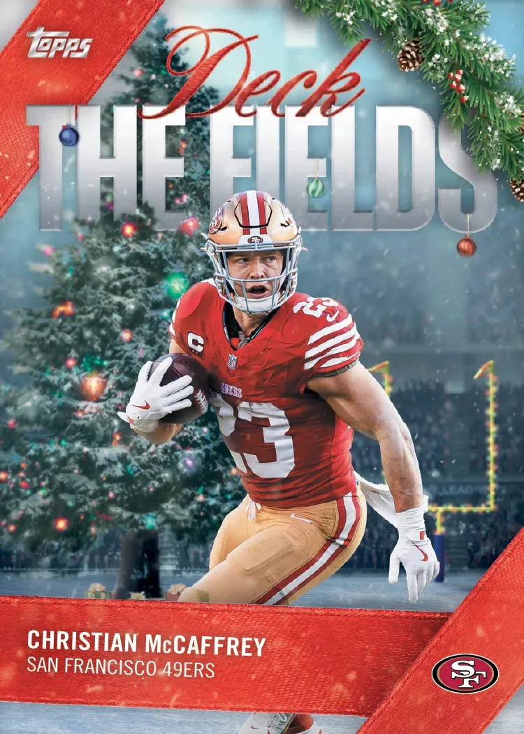 2026 Topps Holiday Football Christian McCaffrey 49ers Deck the Fields insert with a decorated Christmas tree behind him