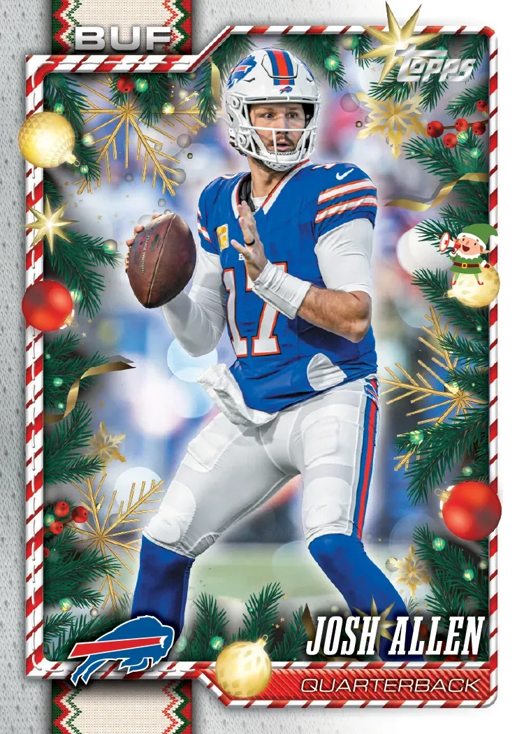 2026 Topps Holiday Football Josh Allen Bills card with a small elf drawing in the holiday frame, from the Hidden Elf set