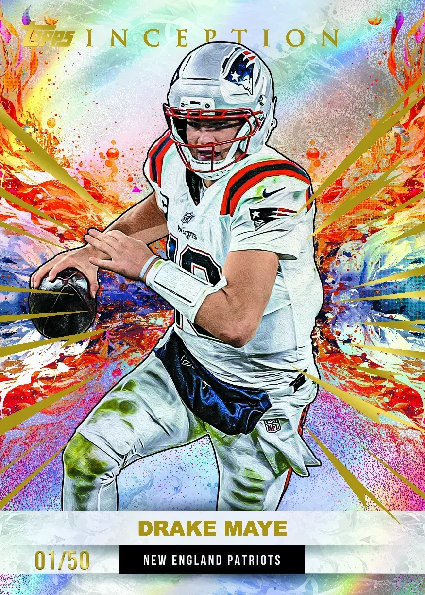 2026 Topps Inception Football Gold Electricity parallel of Drake Maye, New England Patriots, serial numbered 01/50