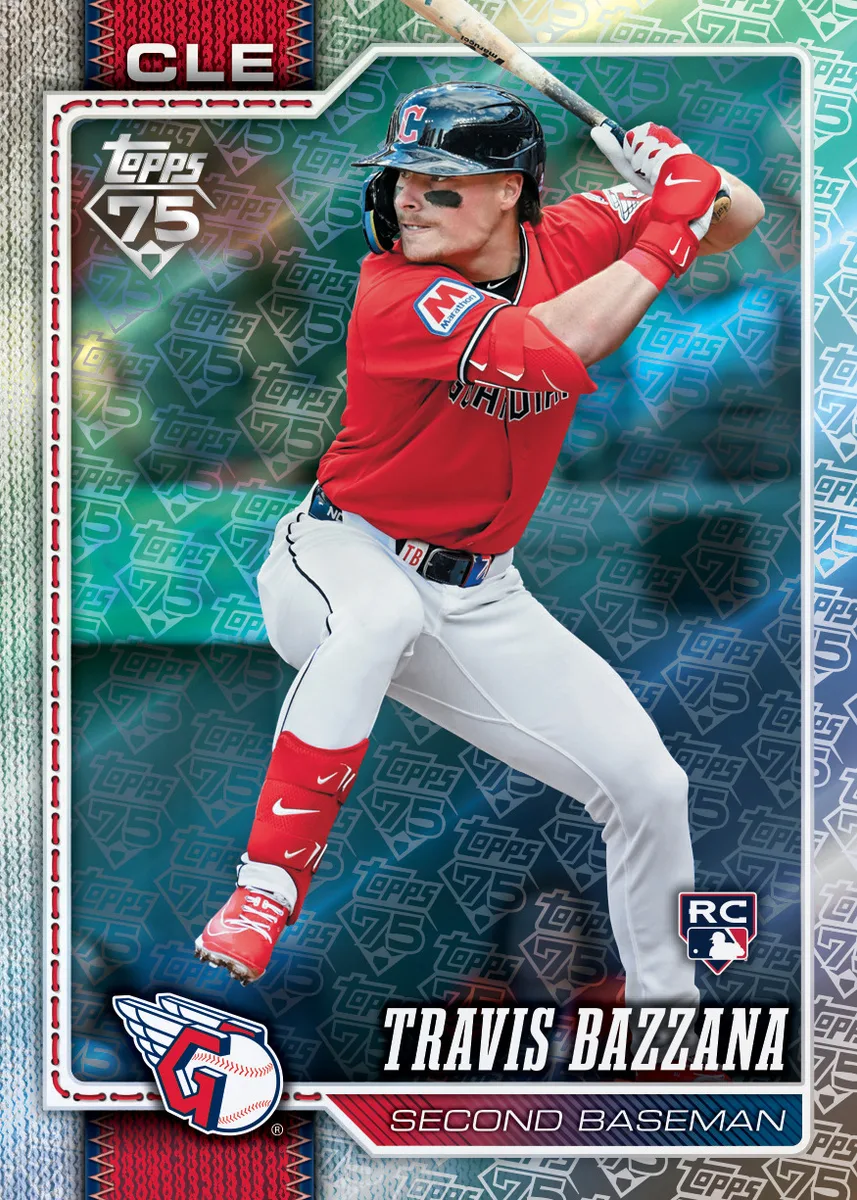 Travis Bazzana rookie card with a Topps 75 foil pattern behind him, the RC tag and the Topps 75th Anniversary logo