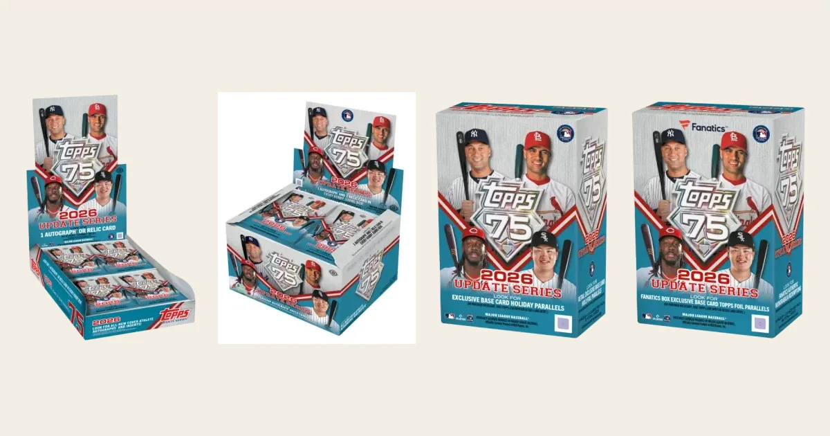 Four 2026 Update Series boxes side by side: hobby, hobby jumbo, value box and Fanatics value box