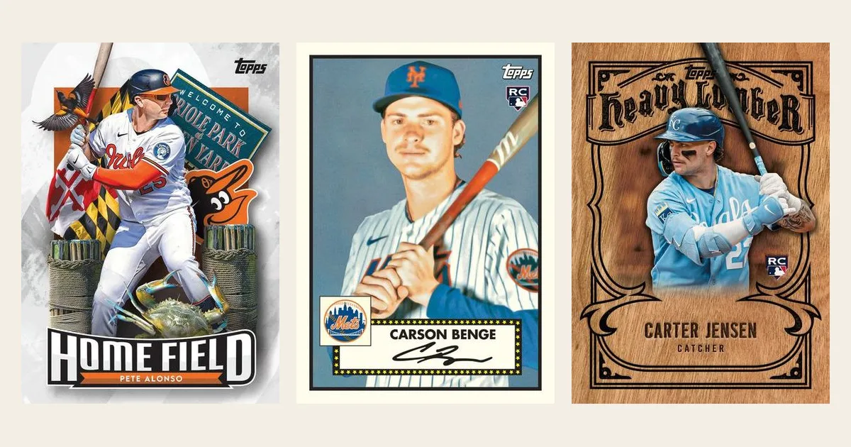 Topps sample cards from Update Series: a Home Field insert, a 1952-style rookie variation of Carson Benge and a Heavy Lumber card
