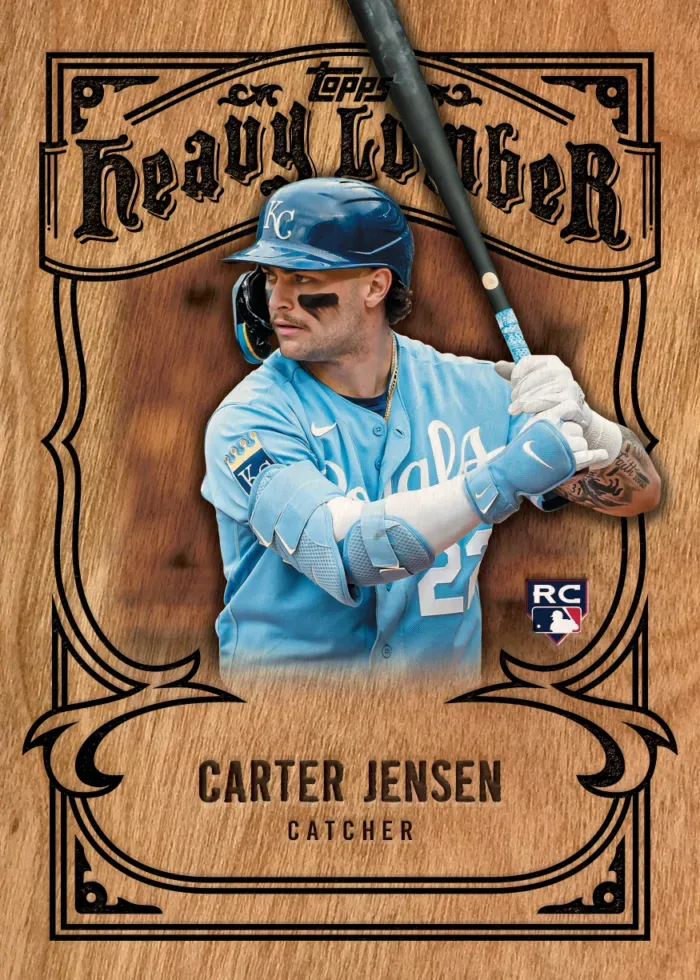 Carter Jensen Heavy Lumber insert on a wood-grain frame in a Kansas City Royals powder blue uniform with an RC logo