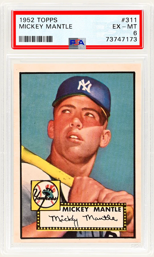 PSA example slab of a 1952 Topps Mickey Mantle #311 graded EX-MT 6, one number on the label with no subgrades