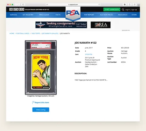 PSA Auction Prices Realized page for a 1965 Topps Joe Namath #122 graded PSA 8, showing sale date, price, cert number and auction house