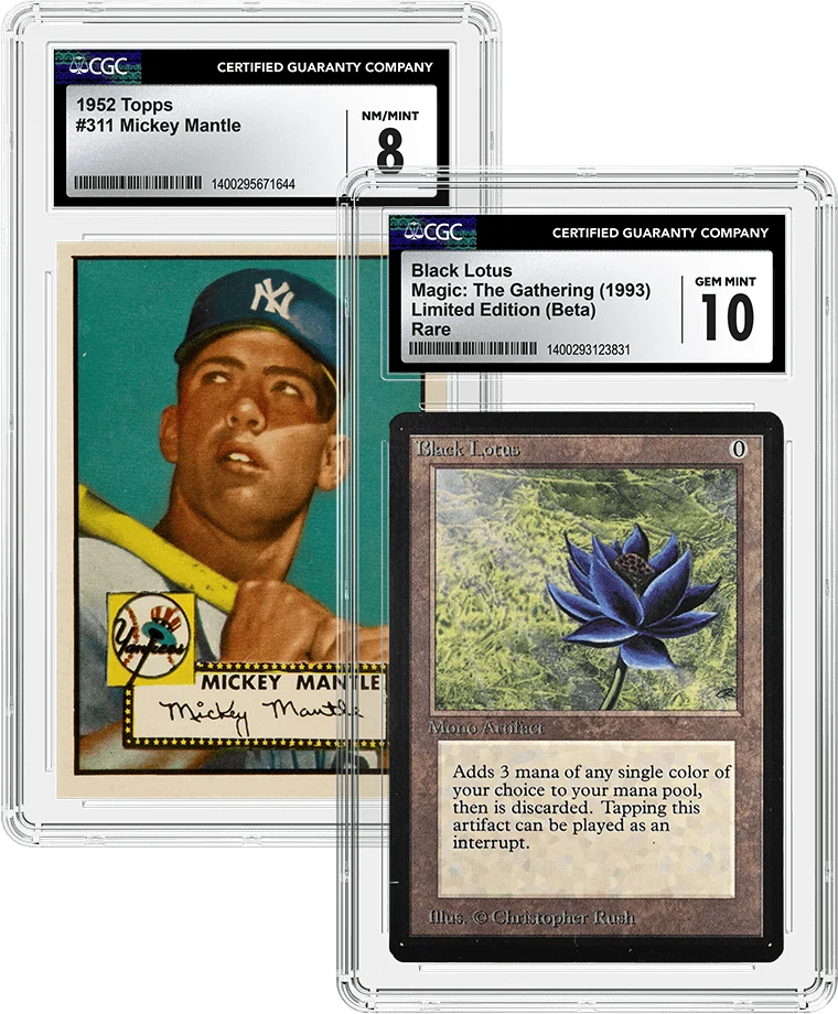 CGC slabs of a 1952 Topps Mickey Mantle graded NM/Mint 8 and a Magic: The Gathering Black Lotus graded Gem Mint 10